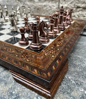 Luxury Wood Chess Set – Mosaic Inlay & Metal Pieces | Handmade Christmas Gift - Image 1 of 4