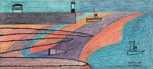 ABSTRACT HARBOUR LIGHTHOUSE & BOATS AT SEA Coloured Drawing ARTHUR MITSON 1987 - Picture 1 of 5