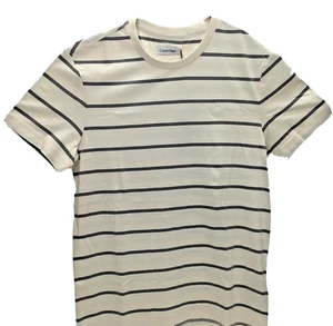 Calvin Klein Men Crew Neck Striped Monogram Logo Cotton T-Shirt,Bone White , XS - Picture 1 of 2