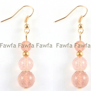 Natural 6-8-10mm Strawberry Crystal Quartz Gemstone Beads Dangle Hook Earrings - Picture 1 of 3