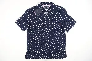 TOMMY HILFIGER POLKA DOT NAVY BLUE SMALL COTTON LINEN BUTTON FRONT SHIRT MENS - Picture 1 of 9