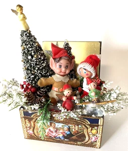 Christmas Centerpiece Tin Decorated W/ Elves Trees Angels & Funky Decor Kitch - Picture 1 of 9