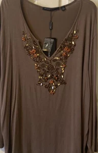 Michelle Nicole Plus Sz 3X Brown Boho Lightweight Top Beaded V Neck Stretch New! - Picture 1 of 9