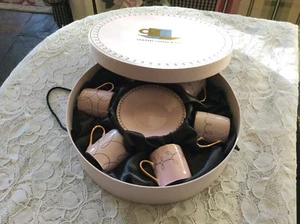 CIB Classic Coffee & Tea ~Pink & Black Demitasse CUPS & SAUCERS-Set of 6 in Box - Picture 1 of 5