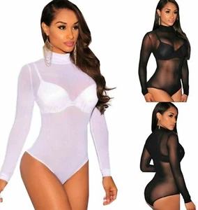 Body donna manica lunga intero maglia trasparente donna collo tartaruga body top - Foto 1 di 5