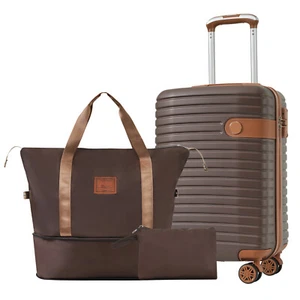 3pcs Luggage Set Hardside 20" Double Spinner Suitcase Travel Toiletry Bag Brown - Picture 1 of 18