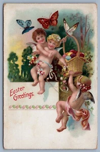 Postcard Easter Butterflys Childern Angels Easter Basket - Picture 1 of 2
