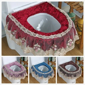 Toilet Seat Cover Zipper Bathroom Lace Embroidery Velvet Lid Pads Warm Soft - Picture 1 of 13