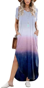 Boho Women's V Neck Casual Loose Long Dress Short Sleeve Split Maxi dress size S - Picture 1 of 6