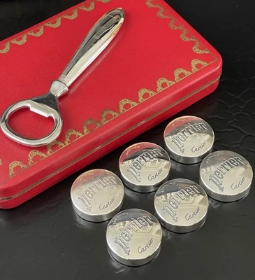 7 Piece Set Cartier Sterling Silver Perrier Bottle Caps Opener Case France c1960 - Image 1 of 4