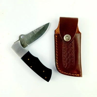 Damascus Steel Knife Lock Blade Hunting Tactical Camping 7.75" Leather Sheath - Image 1 of 4