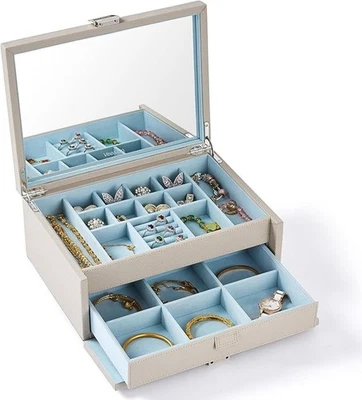 Vee&Co Jewellery Organiser Grey And Blue 2 Layers With Mirror - Image 1 of 4