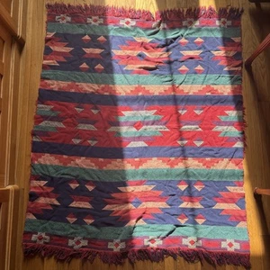 Coperta da lancio vintage tessuto modello Azteco Navajo Boho 50”x42” frangia - Foto 1 di 6