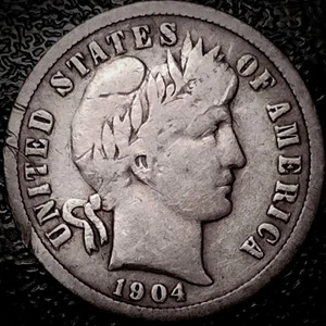 Moneda de diez centavos de barbero S 1904 - fina, abolladuras de borde - 90 % plata 10C - Imagen 1 de 2