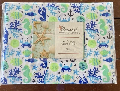 НОВЫЙ полноразмерный набор простыней Coastal Collection, морской, пляжный, морские коньки, крабы - Изображение 1 из 4