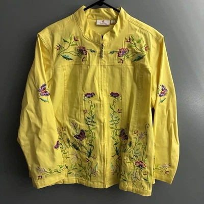Quaker Factory Womens Yellow Embroidered Zip-Up Jacket Butterfly Flowers Boho XL - Image 1 of 4