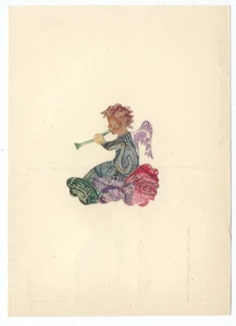 STAMP ART COLLAGE - Little ANGEL PLAYING HORN Vintage Postcard - Picture 1 of 2