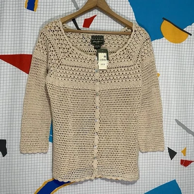 Cárdigan Eddie Bauer Vintage Lino Crochet Tejido Abierto Suéter Boho Mediano Nuevo Foto 1 de 4