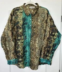 Chicos Womens Silk Top 3/XL Button Up Abstract Boho Blouse Textured Art To Wear - Picture 1 of 12