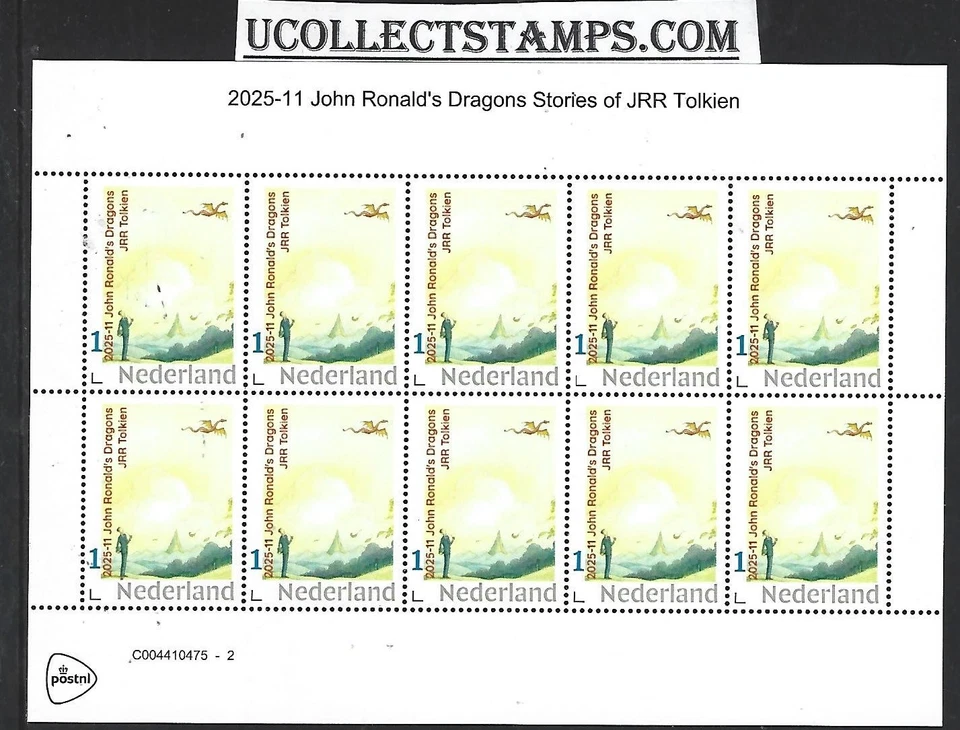 Netherlands 2025-11  Tolkien:  John Ronald's Dragons SHEETLET mnh/postfris u - Image 1 of 1