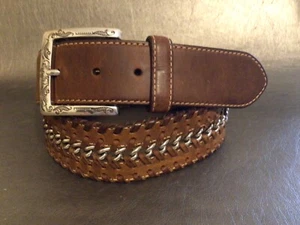 Brighton Brown Leather Whip Stitched With Chain Accent Belt Size Large - 34 - Picture 1 of 9