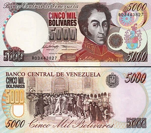 VENEZUELA 5000 BOLIVARES 1996 UNC B,PORTRAIT OF SIMON BOLIVAR BY JUAN LOVERA ON - Picture 1 of 1