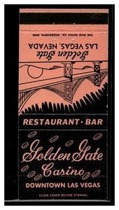 Vintage Matchbook Cover Las Vegas Nevada Golden Gate Casino - Picture 1 of 2