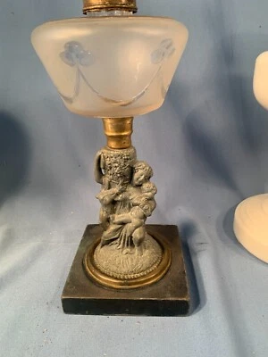 Victorian Draped Lady w Child & Goat Statue Glass Font Marble Base Victorian - Image 1 of 4
