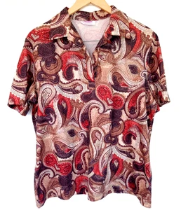 Vintage 70's Aladdin Men's Brown Paisley Poly Short Sleeve Disco Shirt L USA - Picture 1 of 4
