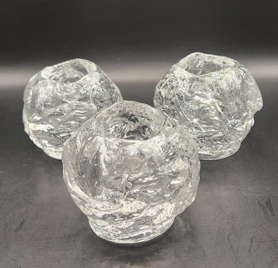 Vintage 1970s Orrefors Ice Ball Glass Candle Holders Set of 3 MCM Swedish Orbs - Image 1 of 4