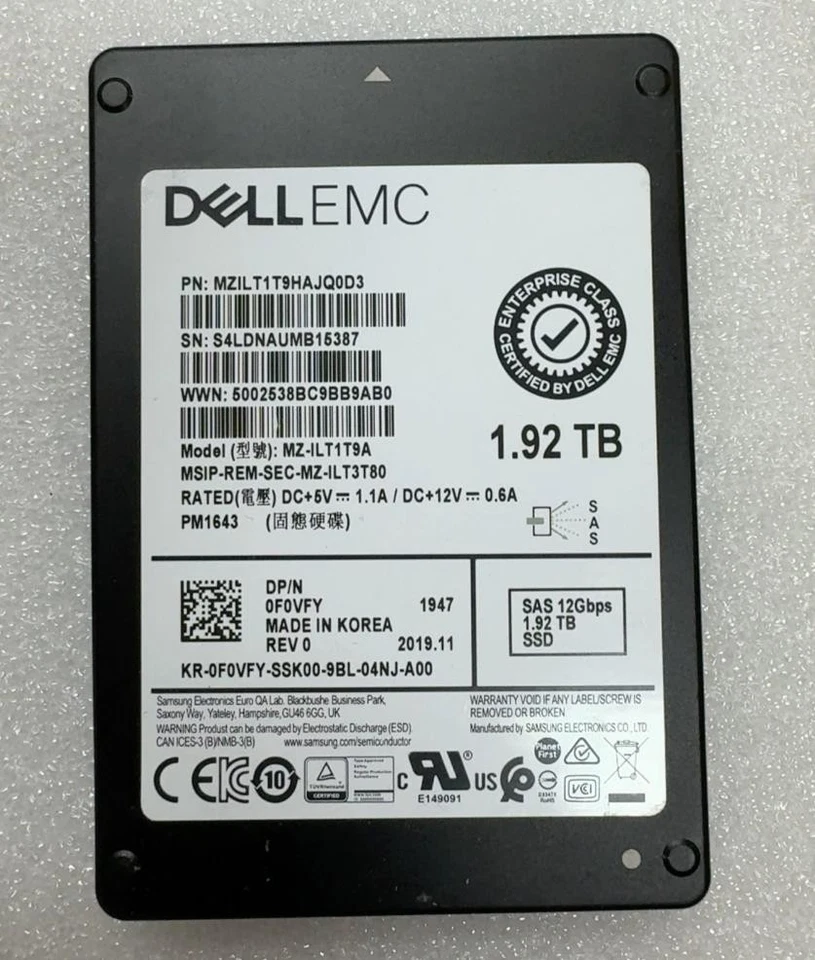 Samsung DELL EMC PM1643 1.92TB SSD SAS 12Gb/s MZ-ILT1T9A MZILT1T9HAJQ0D3 F0VFY - Bild 1 von 1