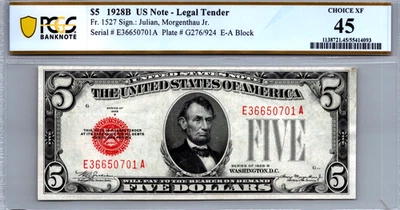$5 1928-B Legal Tender "Red Seal" PCGS 45 CHOICE XF Fr. 1527 - Image 1 of 3