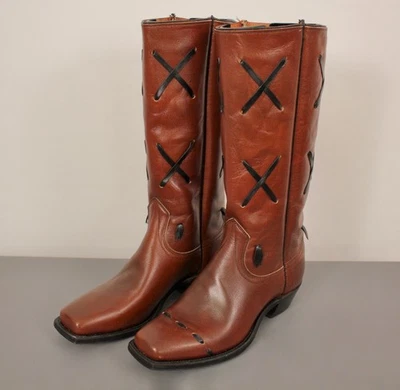 Botas de Vaquero Para Hombre De Colección Nos Cuero Marrón Punta Cuadrada Talla 8 D Años 70 Foto 1 de 4