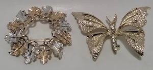 Silber goldfarbene Brosche Anstecknadel Konvolut Sarah signiert Strass Schmetterling Herbstblatt  - Bild 1 von 5