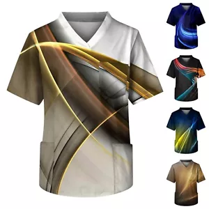 Scrub Tops for Men Vintage Print Scrubs Tops Short Sleeve V Neck Working Nurse - Picture 1 of 13