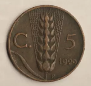 Italy 5 Centesimi 1929 Five Cents coin. - Picture 1 of 3