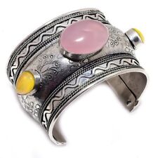 Rose Quartz, Opal Gemstone Handmade 925 Sterling Silver Cuff Bracelet Adjustable