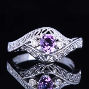 14k White Gold Pave Diamonds Amethyst Engagement Wedding Fine Ring Pear 4x5mm - Picture 1 of 9