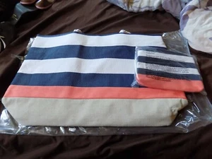 DSW NAVY BLUE & WHITE Striped CORAL Hand Bag Tote - Picture 1 of 1