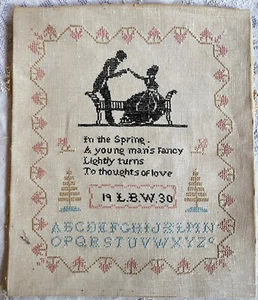 Vintage Antique Sampler with Romantic Couple & Poem 1930 by L.B.W. YY253 - Picture 1 of 7