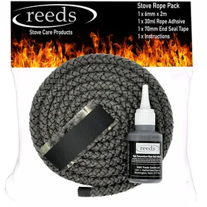 Black Stove Rope 6mm x 2m Length Glue Kit Woodburner Burner Door Seal Kit Reeds - Picture 1 of 6