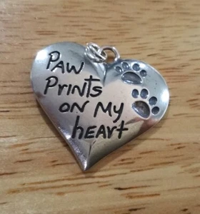 Sterling Silver 28x26mm Large Memory Remembrance Dog says Paw Prints on my Heart - Picture 1 of 8