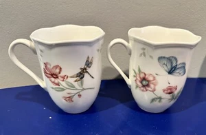 2 Butterfly Meadow 12oz. Mugs Dragonfly Orange Sulphur Lenox Scalloped Edge - Picture 1 of 5