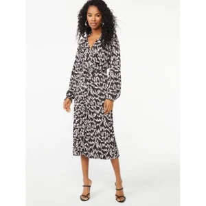 Scoop Women's Long Sleeve Split Neck Pleated Midi Dress, Multi, XL 16-18 - Picture 1 of 5