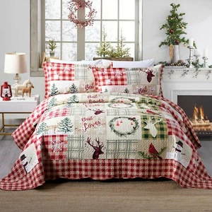3 Piece Christmas Quilt Rustic Western Lodge Cabin Bedspread Quilt Set Snow Man - Picture 1 of 9