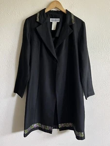90s Vintage Black Floral Trim Jacket Over Coat Dress Sz 10 Medium Witch Goth - Picture 1 of 8