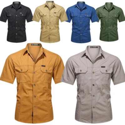 Mens Work Shirts Military Short Sleeves Air Force Army Cotton Casual Shirts Tops - Image 1 of 4