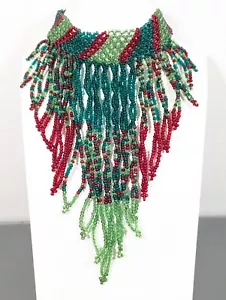 Artisan Green Red Glass Woven Fringe Bib Choker Tribal Style Necklace - Picture 1 of 9