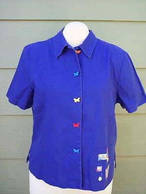 Sag Harbor Woman Shirt Sz 14 45B Purple Butterfly Buttons Top Linen Cotton - Image 1 of 4
