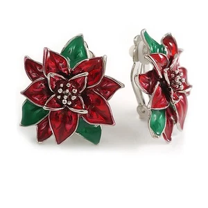 Feiertag Weihnachtsstern Blüte rot/grün Emaille Ohrstecker Clip auf Ohrringe in Silber - Bild 1 von 5